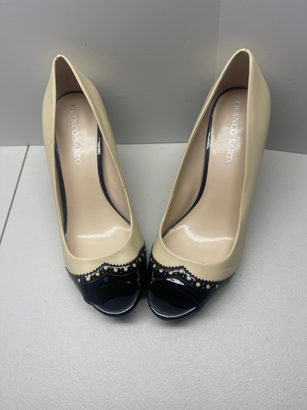 Franco Sarto Two-Tone Beige and Black Peep-Toe Heels with Scalloped Trim
